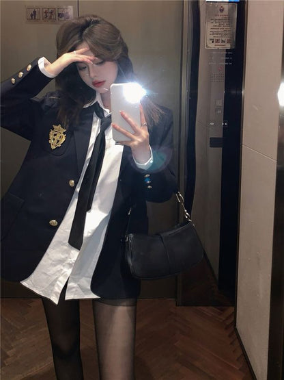 College style blazer women's spring 2024 new high-end feeling Spice Girl temperament medium and long top leather skirt suit