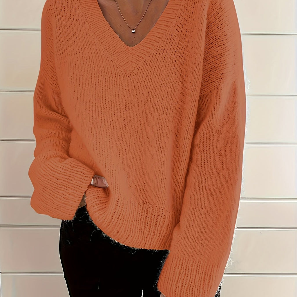 Solid V Neck Simple Loose Sweater, Casual Long Sleeve Comfy Mohair Sweater, Women's Clothing
