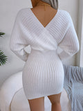elveswallet  Sexy Cross V Neck Bodycon Sweater Dress, Batwing Sleeve Solid Criss Cross Neck Cross Sexy Dresses,  Women's Clothing
