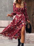 Floral Print Tie Neck Dress, Elegant Split Maxi Dress, Women's Clothing