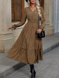 Allover Print Shirred Waist Dress, Boho V Neck Long Sleeve Midi Dress, Women's Clothing