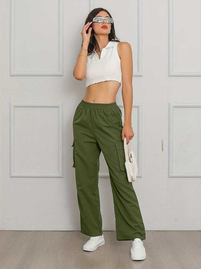 elveswallet  High Waist Cargo Pants, Casual Solid Loose Pants, Women's Clothing