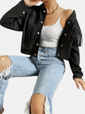 Rhinestone Fringe Trim Tassel Jacket, Casual Long Sleeve Button Front Jacket, Women's Clothing