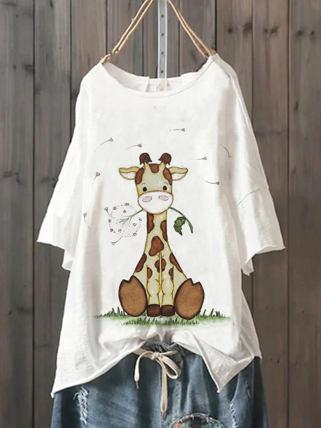 Casual Giraffe Print Cotton-Blend Shirts & Tops