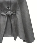 Plus Size Elegant Coat, Women's Plus Chevron Print Batwing Sleeve Button Up High Neck Cloak Coat With Belt