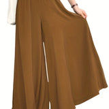 elveswallet  Plus Size Casual Pants, Women's Plus Solid Elastic High Rise Medium Stretch Loose Wide Leg Trousers
