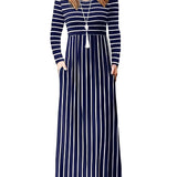 elveswallet  Striped Print High Waist Dress, Casual Crew Neck Long Sleeve Maxi Dress, Women's Clothing