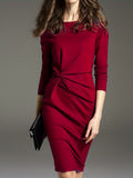 elveswallet  Solid Twist Dress, Elegant Bodycon Crew Neck Long Sleeve Dress, Women's Clothing