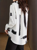kkboxly  Brush Print Button Front Shirt, Casual Turn Down Collar Long Sleeve Shirt, Women's Clothing