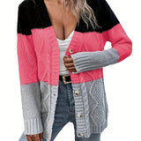 elveswalletColor Block Button Front Cardigan, Casual Long Sleeve Cardigan For Spring & Fall, Women's Clothing
