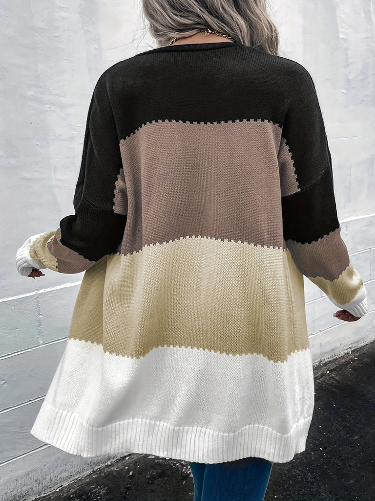 elveswallet  V-neck Loose Striped Color Block Cardigans, Casual Drop Shoulder Long Sleeve Fall Winter Knit Cardigan, Women's Clothing