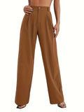 elveswallet  Tucked Solid Pants, Elegant High Waist Wide Leg Long Length Pants, Women's Clothing