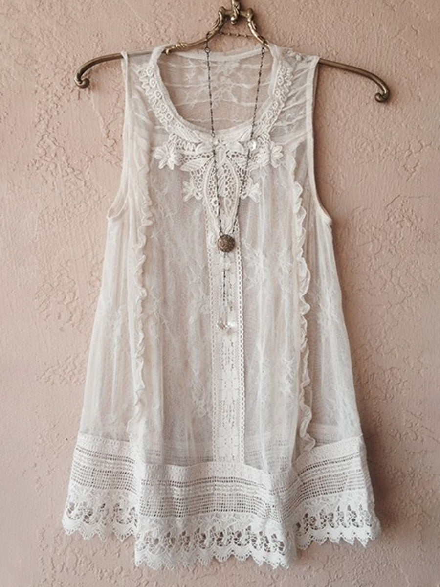 Women's Lace Floral Decoration Floral Hem Casual Linen Tank Top