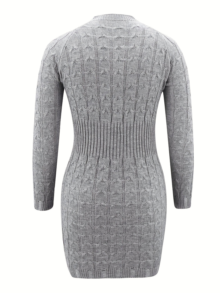 Solid Cable Knit Sweater Dress, Casual Slim Bodycon Dress For Spring & Fall, Women's Clothing