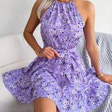 elveswallet  Floral Print Belted Beach Dress, Sleeveless Casual Vacation Dress For Summer & Spring, Women's Clothing
