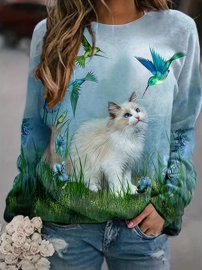 elveswallet  Cat & Bird Print Crew Neck T-Shirt, Casual Long Sleeve T-Shirt For Spring & Fall, Women's Clothing