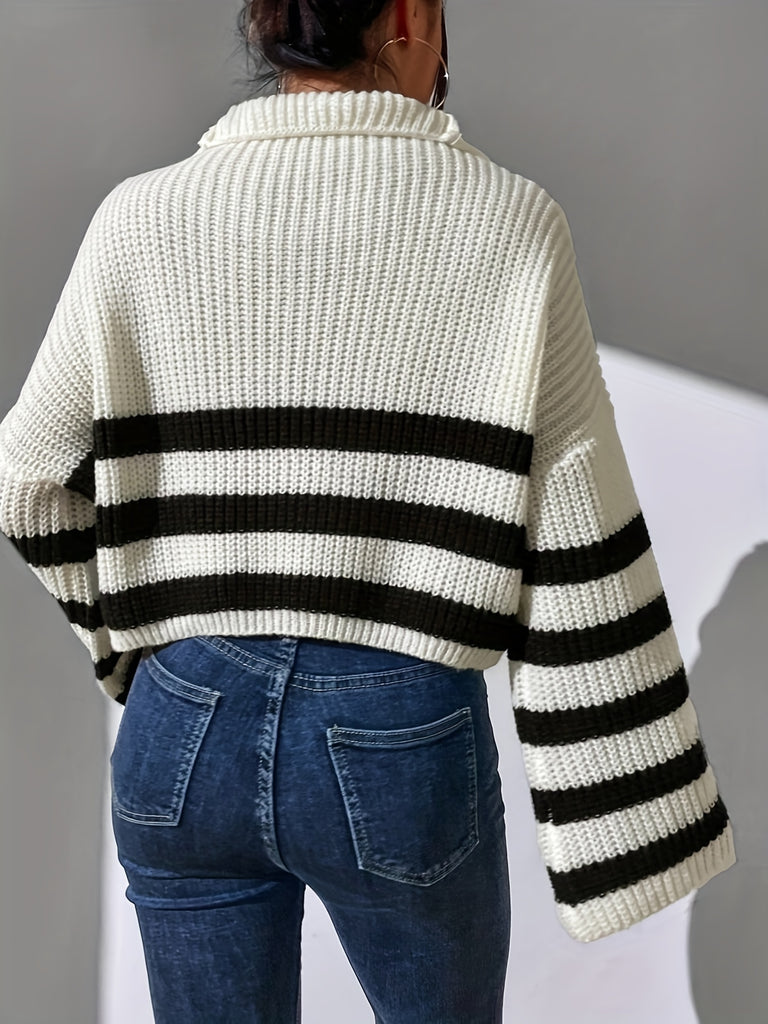 elveswallet  Striped Pattern Half Zip Pullover Sweater, Casual Bell Sleeve Sweater For Fall & Winter, Women's Clothing