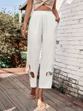 elveswallet  Cut Out Wide Leg Pants, Vacation Solid Elastic Waist Cropped Pants, Women's Clothing