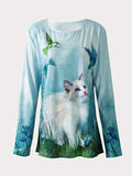 elveswallet  Cat & Bird Print Crew Neck T-Shirt, Casual Long Sleeve T-Shirt For Spring & Fall, Women's Clothing