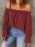 Off Shoulder Ruffle Trim Blouse, Casual Solid Long Sleeve Blouse For Spring & Fall, Women's Clothing