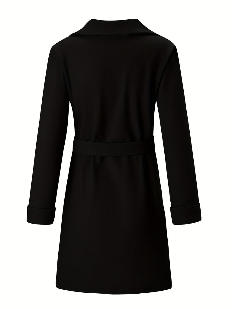 Lapel Neck Belted Coat, Elegant Long Sleeve Coat For Fall & Winter, Women's Clothing