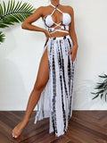 3-Pieces Tie Dye Bikini Sets, Halter Neck High Cut With Loose Fit Cover Up Skirt Split Swimsuit, Women's Swimwear & Clothing