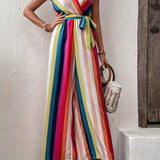 elveswallet  Rainbow Striped Wide Leg Jumpsuit, Casual Flutter Sleeve Jumpsuit For Spring & Summer, Women's Clothing