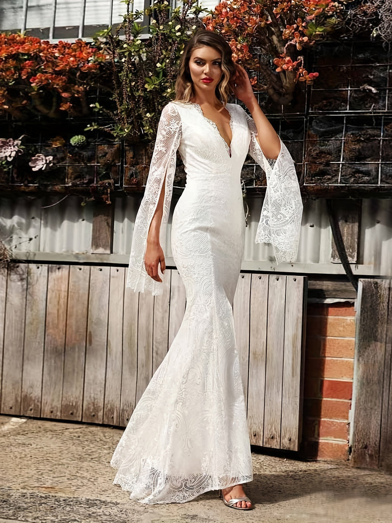 Lace Split Wedding Dress, Elegant Long Sleeve Plunging V-neck Wedding Dress, Women's Clothing