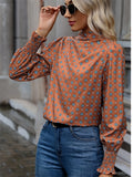 All Over Print Mock Neck Blouse, Casual Shirred Cuff Long Sleeve Blouse For Spring & Fall, Women's Clothing