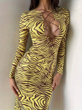 elveswallet  Geo Print Bodycon Dress, Tie Front Long Sleeve Midi Dress, Women's Clothing