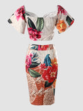 Boho Floral Print Two-piece Set, Vacation Off Shoulder Twist Crop Top & Split High Waist Skirt Outfits, Women's Clothing