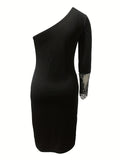elveswallet  Contrast Lace One Shoulder Dress, Sexy Long Sleeve Bodycon Party Club Dress, Women's Clothing