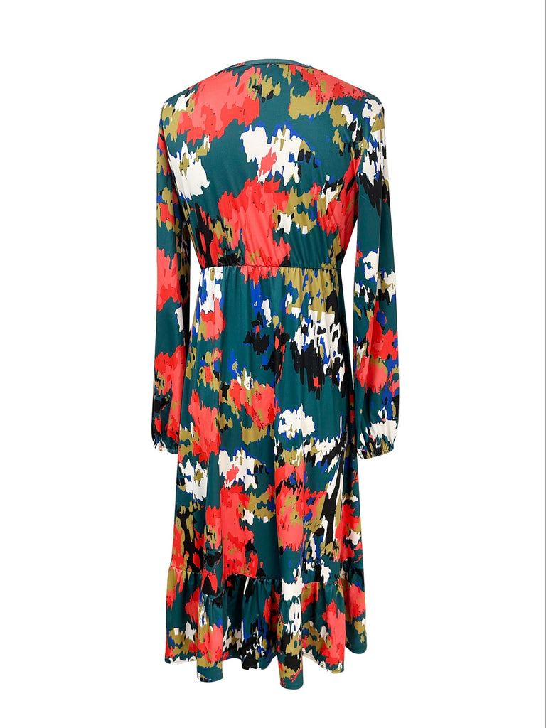 elveswallet  Graphic Print Split Dress, Casual Surplice Neck Long Sleeve Dress, Women's Clothing