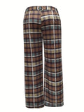 elveswallet  Plus Size Retro Pants, Women's Plus Gingham Print Button Fly Straight Leg Pants