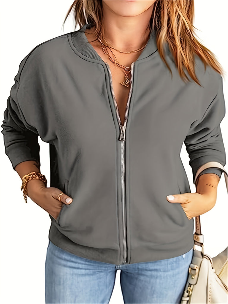 Plus Size Sporty Jacket, Women's Plus Solid Long Sleeve Zipper Jacket With Pockets