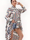 elveswallet  Plus Size Casual Blouse, Women's Plus Stripe & Chain Print Button Up Long Sleeve Polo Neck Asymmetrical Hem Blouse