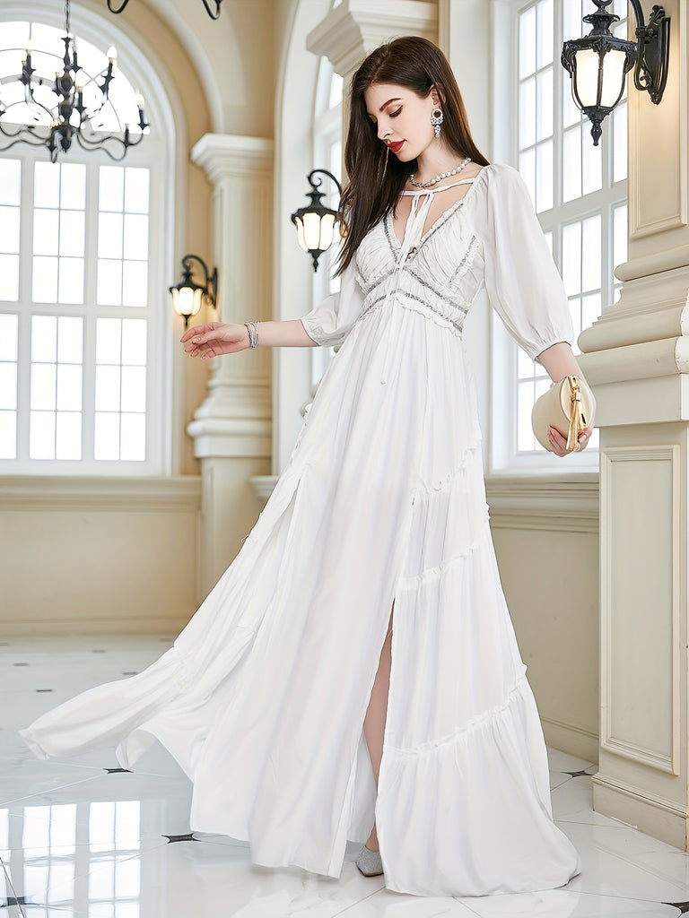 Solid V-neck Contrast Trim Dress, Casual Half Lantern Sleeve High Split Dress For Spring & Summer, Women's Clothing