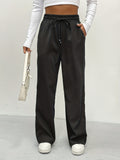 elveswallet  Solid Drawstring Pants, Casual Wide Leg Elastic Waist Pants, Women's Clothing