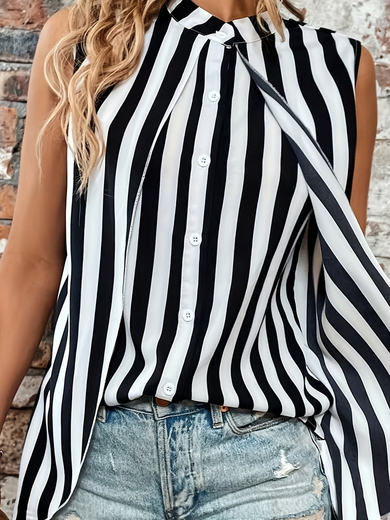 elveswallet  Plus Size Casual Blouse, Women's Plus Stripe Print Button Up Stand Collar Layered Tank Blouse