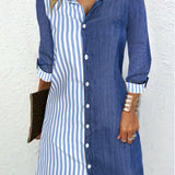 elveswallet  Plus Size Casual Blouse, Women's Plus Colorblock Stripe Print Button Up Long Sleeve Turn Down Collar Shirt Dress