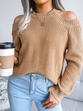 elveswallet  Solid Color Crew Neck Cold Shoulder Knitted Tops, Casual Everyday Pullover Sweaters, Women's Clothing
