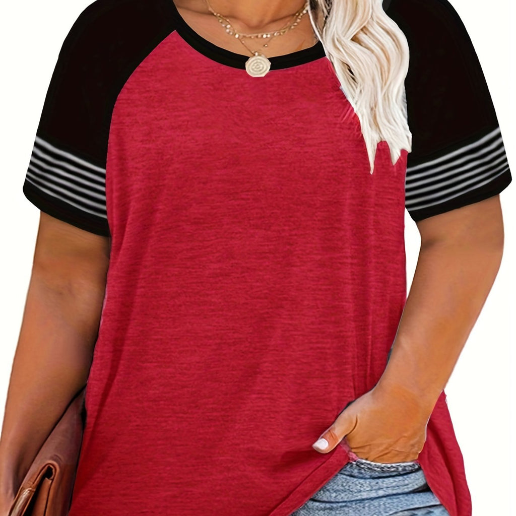elveswallet  Plus Size Casual T-shirt, Women's Plus Colorblock Stripe Print Short Sleeve Round Neck Slight Stretch T-shirt