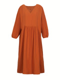 elveswallet  Plus Size Casual Dress, Women's Plus Solid Long Sleeve V Neck Slight Stretch Dress