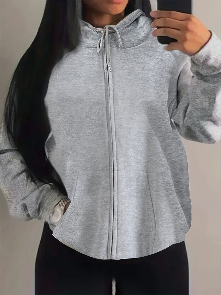 Plus Size Casual Sweatshirt, Women's Plus  Zip Up Long Sleeve Medium Stretch Drawstring Hoodie