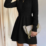 Solid Cable Knit Sweater Dress, Casual Crew Neck Long Sleeve Dress, Women's Clothing