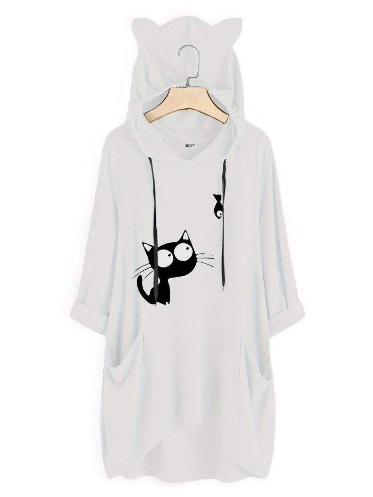 elveswallet  Plus Size Cat Print Long Sleeve Hoodie Drawstring Top, Women's Plus Slight Stretch Cute Oversized Top