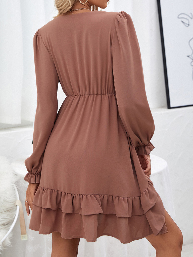 elveswallet  Women's Dresses Ruffled V Neck Elegant Long Sleeve Solid Color Casual Swing Dresses