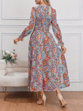 elveswallet  Paisley Print Tie Front Dress, Boho Shirred Long Sleeve Maxi Dress, Women's Clothing