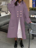 Plus Size Casual Coat, Women's Plus Solid Button Detail Hoodie Long Sleeve Longline Woolen Coat With Pockets