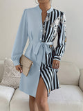 elveswallet  Flower & Stripe Print Contrast Dress, Elegant Button Front Long Sleeve Shirt Dress, Women's Clothing